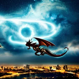 Celestial dragon with wings spread above a breathtaking cityscape by the lake in a thunderstorm, an amazing starry night with stunning reflection, full Moon, stars, milky way, highly detailed,triadic colors cinematic light 16k resolution