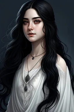 a 16 year old woman, white skin, long wawy black hair, beautiful face, black eyes, round body, in a white dress, realistic epic fantasy style