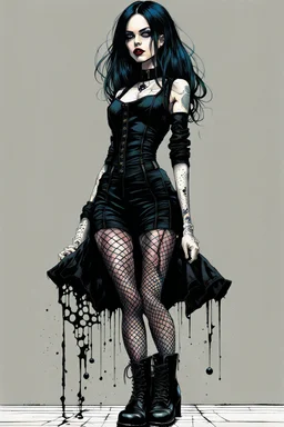 Create and fine print full body illustration of a Goth Girl ball jointed doll, with finely lined and detailed facial features in a ragged gothic dress, fishnet stockings ,battered combat boots, , in the graphic novel style of Bill Sienkiewicz, and Jean Giraud Moebius, precisely drawn, colored and inked