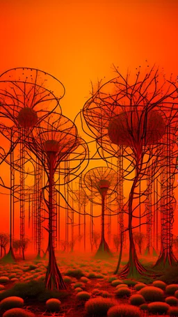 A garden of wired out of this world trees with light orange sky in style surreal