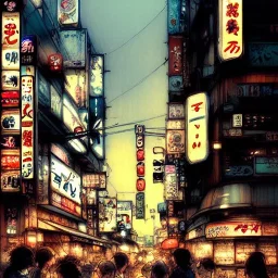  "Corner view,Kawaii Japan bar in kabukicho,Golden hour, book illustration by Jean Baptiste Monge,Jeremy Mann", strong lines, high contrast vibrant colors, highly detailed