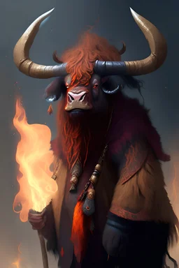 A yak that is styled after a dungeons and dragons minotaur who is a fire wizard