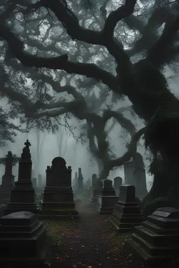 An eerie, fog-shrouded graveyard, with crumbling tombstones and gnarled trees, hiding secrets and stories long forgotten.