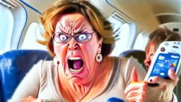 angry lady at home on phone looking at airline advertisement