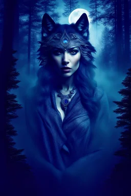 double exposure stunning mystic woman-wolf hybrid portait, forest, moon, smoke, ultra-high detailed, deep dark colors, dark fantasy, intricate detail, cinematic, masterpiece, sharp focus, dark ethereal fantasy, hyperdetailed, atmospheric , dark surreal fantasy