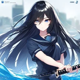 Clear focus,8k,Beatiful Lighting,Beatiful Blur,Beatiful Face,Beatiful Shading,Black long hair,silky hair, long silky bangs, dark blue eyes, wearing a sailor uniform outfit, Hair in eyes, lot of hair, Holding a katana, Ready to fight, Controlling water