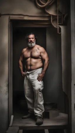 photography of a massive strong burly beefy strong sicilian painter worker 44 years old, curly hair, wet, silver beard, manly chest, hairy, shirtless in bulging dirty white overalls, big shoulders, tattoo, big calves, barefeet, angry, photorealistic, side light, inside a dark building under construction