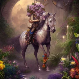 steampunk only one horse, tropical plants and flowers, in style of Eric Fan