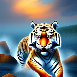 Full Tiger running burning sea