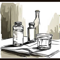 sketch, a bottle of a medicine , with a glass of water