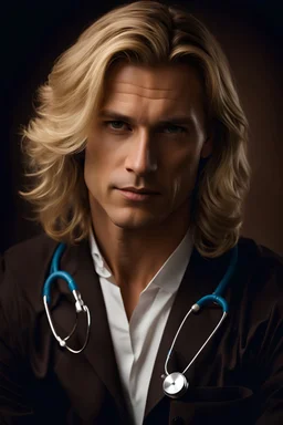 Portrait of a 40 year old handsome blonde male doctor with shoulder length hair, photorealistic, fantasy