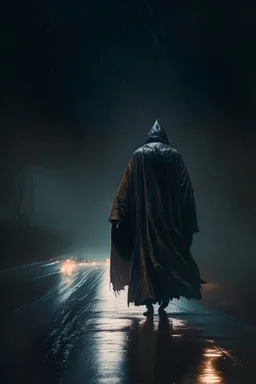 A man walking on a dark and scary road, wearing a robe over his head, and it is raining, and the wind is blowing his clothes