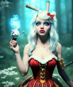 Ultra realistic wonderland photo, hot, happy blonde Alice woman and white rabbit smoking a pipe, blue dress, circus dress style, black headband with bow, old school tattoo, smoke, marijuana garden, glow eyes, perfect iris, soft color, highly detailed, unreal engine 5, ray tracing, RTX, lumen lighting, ultra detail, volumetric lighting, high definition.