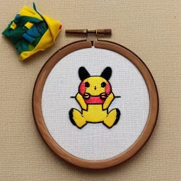 exquisite whimsical pikachu in embroidery hoop, intricate, highly detailed, linen and wood backdrop