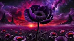 black poppy seed , purple poppy flower in the bloody sunset, on alien land, weird, surreal, complementer colors, fog, shadows, dead world, high detailed, far above on the dark sky is nebula, weird, surreal style, splash art