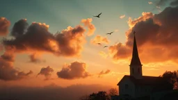 Hyper Realistic Church At The Far Bottom Left Corner Of The Image With Cloudy Sunrise of about 9 am with silhouettes of few birds flying showing dramatic & cinematic Ambiance.