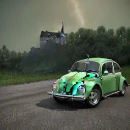 An old green VW Beetle, driving towards an Austrian castle, 8k, HD, cinematography, photorealistic, Cinematic, Color Grading, Ultra-Wide Angle, Depth of Field, hyper-detailed, beautifully color-coded, intricate details, beautifully color graded, Cinematic, Color Grading, Editorial Photography, Depth of Field, DOF, Tilt Blur, White Balance, 32k, Super-Resolution, Megapixel, ProPhoto RGB, VR, Halfrear Lighting, Backlight, Natural Lighting