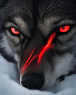 A captivating close-up image of a black wolf's eye, glowing bright red and filled with intense, wild intensity. The eye is framed by the wolf's black fur, and a sense of wild, untamed nature radiates from it. The overall atmosphere is mysterious and evokes a feeling of wild nature.