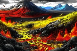 acidic soil in anime style with lava and mountains , red white yellow black colors , magic the gathering style, hyper realistic style