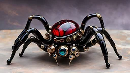 wormy steampunk opalescent elegant spider ceramic sculpture made with black and crimson marble and bones and iridescent diamonds, glossy, beautiful glass eyes, gorgeous museum background