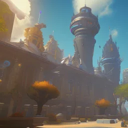 q-version mmo architecture concept in overwatch，vertical view