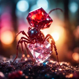 close up of red crystal ant holding a giant diamond, sunset in a magical forest, sharp focus, high contrast, bright vibrant colors, cinematic masterpiece, shallow depth of field, bokeh, sparks, glitter, 16k resolution, photorealistic, intricate details, dramatic natural lighting