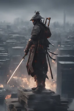 close up of a cybernetic samurai standing on the top of a building, looking down, chaos and smoke background, 8k, highly detailed and realistic