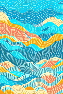 fashion print with ocean waves, sand, summer sky, using candy colours and a nice striped waves pattern