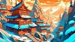 fantasy cartoon style illustration: Chinese mountain village winter
