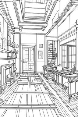 Outline art, House interior design, cartoon style, thick lines, low details, --ar 9:11