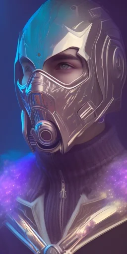 purple galaxy masked super villain, weapons in hands, teal and purple smoke, full portrait, hyper realistic, 4k