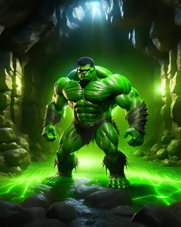 Ultra level pro Photorealistic, Within the mystical aura of a forgotten cave, Hulk stands surrounded by shimmering crystals that emit a soft, enchanting glow. The light plays upon his armored suit, revealing intricate details and the battle-worn marks of his crusade. As he gazes ahead, his eyes seem to hold the secrets of both the mortal world and the mystical realm, intertwining his destiny with the very essence of the night. Perfect face detail