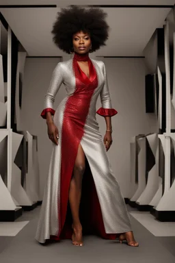 Portrait of a black woman wearing stylish red and silver dress.