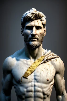 Ultra Realistic image, Roman sculpture, white marble material, Lionel Messi, gold Laurel leaves wreath, renaissance ornaments, chisel style, waist up portrait, epic, celestial, cinematic lighting, God light, god rays, 4k resolution, smooth details, ornate details, soft lighting, unreal engine 5, marble background.