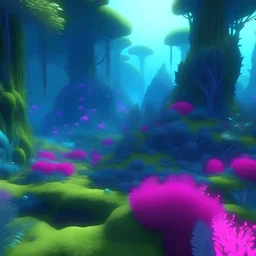 Uma floresta cheia de fractais e animais fantásticos, com as cores prata, azul índigo, verde fluorescente, roxo e rosa, 4k, realista