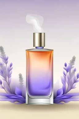 Create a visual of a standing perfume bottle with Lavender, Sandalwood, Vanilla around. background, a gradient combination of these colors, don't use pastel colors