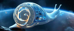 celtic knot hollow tube transparent core ornate indented space ship, shiny bright mega ship snail flourescent white blue like bubble gum with a few big windows and decks, interdimensional twister, rock against colored spaced fog, space interior. split tail,