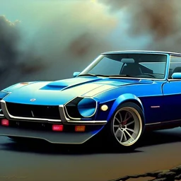 hyperrealism Drawing of 'Dark Blue Datsun 240Z-280Z' three quarter frontal aerial view, by gaston bussiere, greg rutkowski, yoji shinkawa, yoshitaka amano, tsutomu nihei, donato giancola, tim hildebrandt,oil on canvas, cinematic composition,Sharp detail,extreme detail,fit full head inside picture,16k