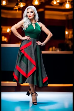 full body of very beautiful ukrain lady wearing green_black pretty midi flared dress ,white gray hair ,standing idle pose in studio