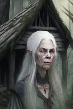 ugly medieval witch, pale skin, grey hair, low plunge neck, forest hut background, realistic