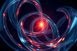 A mesmerizing abstract composition of interlocking glass and chrome ribbons swirling together. A fiery core of orange and red light pulses at the center, creating sharp highlights on the polished surfaces. The background transitions into deep navy shadows, emphasizing the high-contrast lighting. Fluid textures and a high-tech, futuristic mood.