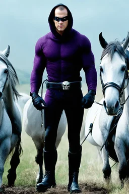 Movie Poster - ((("THE PHANTOM"))), extremely thick, muscular, 6'6'' 18-year-old Billy Zane with extremely exaggerated muscles as the Phantom, long-sleeved, textured, padded purple cotton bodysuit with skintight, formfitting textured purple cotton cowl with ((black eye mask)) and widow peak, black gloves and wrist gauntlets, black boots, double holstered utility belt, skull-shaped belt buckle, glowing, white eyes, standing next to his white horses, captured in a breath-taking explosion of color,