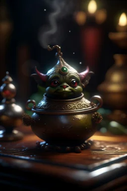 magical alchemists nightmare, cauldron with shining sigil and containing a slightly alien furball gremlin in it, prize winning oil painting, ,bokeh like f/0.8, tilt-shift lens 8k, high detail, smooth render, down-light, unreal engine