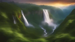 The image showcases a mesmerizing view of a massive waterfall cascading from the top of a mountain hill, with the waterfall soaring to a great height and flowing forcefully into the valley amid lush green trees and vegetation. The image reflects the beauty and power of nature and its enchanting impact on the surrounding environment, inviting viewers to explore these magnificent natural landmarks around the world.
