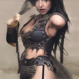 arab girl warrior jade feathers sexy black hair deep cleavage ornate metal armour