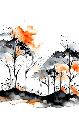 Watercolor black and white far away plam trees with orange little flowers on the trees