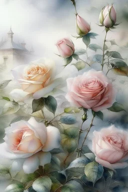 62. English watercolor, tea roses, drawing, beautiful landscape, fog, many details, delicate sensuality, realistic, high quality, work of art, hyperdetalization, professionally, filigree, silver haze, hyperrealism, professionally, transparent, gently pastel tones, backlight, contrast, fantastic, fabulous, unreal, translucent, glowing, clear lines, epic fabulous, 30mm lens, ISO 100, pixel graphics