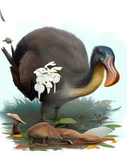 John James Audubon-like illustration of a fully uncropped Dodo bird and a Platypus in a landscape of warm yellows, warm reds, and warm blues