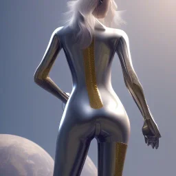 beautiful cyberpunk girl silver and gold hair, height, on top of tall building, 4K, 8K, detailed, body suit