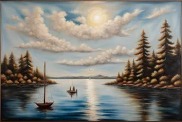 an encaustic painting depicting a landscape of a lake and a single sailboat sailing on it. Add an island and details to create an example of beautiful artistic work. Modifiers: highly detailed masterpiece photorealistic dynamic lighting fantastic view metchley wet oil and wax